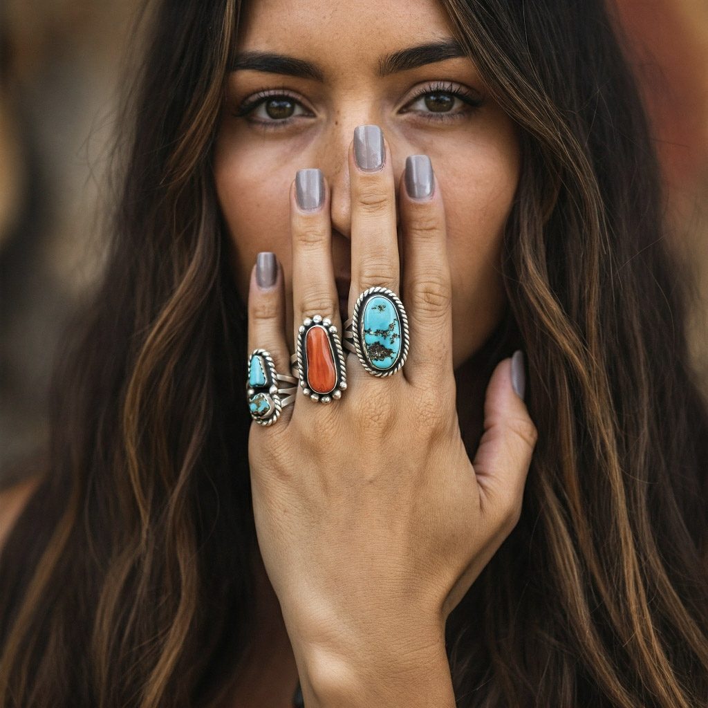 Model wearing a stack of sterling and turquoise rings from the KayBen Treasures collection